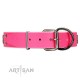 "Girls-Only" FDT Artisan Pink Leather Dog Collar Adorned with Stars and Tiny Squares