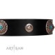 "Blue Gems" FDT Artisan Black Leather Dog Collar with Chrome Plated Studs and Conchos
