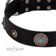"Blue Gems" FDT Artisan Black Leather Dog Collar with Chrome Plated Studs and Conchos