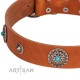 "Marine Antiques" Handmade FDT Artisan Tan Leather Dog Collar with Blue Stones
