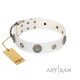 "Lush Life" Designer Handcrafted FDT Artisan White Leather Dog Collar with Blue Stones