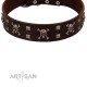 "Menacing Allure" FDT Artisan Brown Leather Dog Collar Embellished with Silvery Crossbones and Square Studs