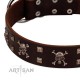 "Menacing Allure" FDT Artisan Brown Leather Dog Collar Embellished with Silvery Crossbones and Square Studs