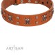 "Rebellious Nature" FDT Artisan Tan Leather Dog Collar Embellished with Crossbones and Square Studs