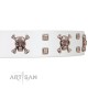 "Skull Island" Premium Quality FDT Artisan White Designer Dog Collar with Crossbones and Studs