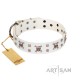 "Skull Island" Premium Quality FDT Artisan White Designer Dog Collar with Crossbones and Studs
