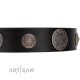 "Ad Infinitum" Durable FDT Artisan Black Leather Dog Collar with Chrome Plated Brooches