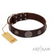 "Flashy Woof" FDT Artisan Brown Leather Dog Collar with Chrome Plated Brooches