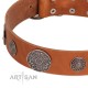 "Foxy Nature" FDT Artisan Tan Leather Dog Collar with Chrome Plated Brooches