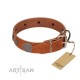 "Foxy Nature" FDT Artisan Tan Leather Dog Collar with Chrome Plated Brooches