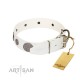 "Divine Nature" FDT Artisan White Leather Dog Collar with Chrome Plated Brooches