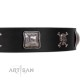 "Sea Rover" Embellished FDT Artisan Black Leather Dog Collar with Chrome Plated Crossbones and Plates