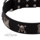 "Sea Rover" Embellished FDT Artisan Black Leather Dog Collar with Chrome Plated Crossbones and Plates