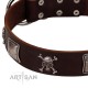 "Nut-Brown Finery" Embellished FDT Artisan Brown Leather Dog Collar with Chrome Plated Crossbones and Plates