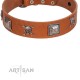 "Amorous Escapade" Embellished FDT Artisan Tan Leather Dog Collar with Chrome Plated Crossbones and Plates