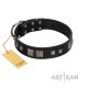"Foregone Riches" FDT Artisan Black Leather Dog Collar with Old Silver-like Square Studs and Pyramids