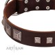 "Object of Virtu" FDT Artisan Brown Leather Dog Collar with Old Silver-like Square Studs and Pyramids
