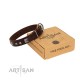 "Object of Virtu" FDT Artisan Brown Leather Dog Collar with Old Silver-like Square Studs and Pyramids