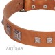 "Egyptian Gifts" Handmade FDT Artisan Tan Leather Dog Collar with Chrome-plated Pyramids