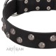 "Power-Flower" FDT Artisan Black Leather Dog Collar with Two Rows of Silver-like Studs with Engraved Flowers