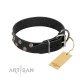 "Power-Flower" FDT Artisan Black Leather Dog Collar with Two Rows of Silver-like Studs with Engraved Flowers