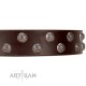 "Blossom Jewel" FDT Artisan Brown Leather Dog Collar with Two Rows of Silver-like Studs with Engraved Flowers