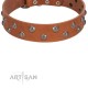 "Waltz of the Flowers" Handmade FDT Artisan Tan Leather Dog Collar with Chrome-plated Engraved Studs
