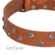 "Waltz of the Flowers" Handmade FDT Artisan Tan Leather Dog Collar with Chrome-plated Engraved Studs