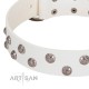 "Wild Flora" FDT Artisan White Leather Dog Collar with Silver-like Engraved Studs