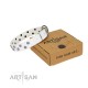 "Wild Flora" FDT Artisan White Leather Dog Collar with Silver-like Engraved Studs