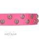 "Pink Daisy" Designer Handmade FDT Artisan Pink Leather Dog Collar