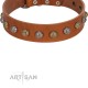 "Dogue-Vogue" FDT Artisan Tan Leather Dog Collar with Engraved Chrome-plated Studs