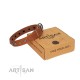 "Dogue-Vogue" FDT Artisan Tan Leather Dog Collar with Engraved Chrome-plated Studs
