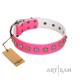 "Roseate Caprice" Designer Handmade FDT Artisan Pink Leather Dog Collar