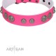 "Silver Drops" Designer Handmade FDT Artisan Pink Leather Dog Collar