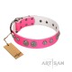 "Silver Drops" Designer Handmade FDT Artisan Pink Leather Dog Collar