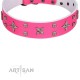 "Stars in Pink Dreams" Modern FDT Artisan Pink Leather Dog Collar with Studs and Stars