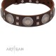 "Sun in Barchans" Modern FDT Artisan Brown Leather Dog Collar with Engraved Stars on Round Plates and Studs