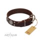 "Sun in Barchans" Modern FDT Artisan Brown Leather Dog Collar with Engraved Stars on Round Plates and Studs