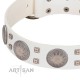 "Mighty Shields" FDT Artisan White Leather Dog Collar with Chrome Plated Shields and Square Studs