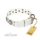 "Mighty Shields" FDT Artisan White Leather Dog Collar with Chrome Plated Shields and Square Studs