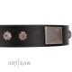 "Square Stars" Modern FDT Artisan Black Leather Dog Collar with Square Plates and Studs