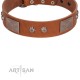 "Great Obelisk" Handcrafted FDT Artisan Tan Leather Dog Collar with Large Plates and Pyramids