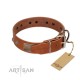 "Great Obelisk" Handcrafted FDT Artisan Tan Leather Dog Collar with Large Plates and Pyramids