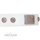 "Northen Lights" FDT Artisan White Leather Dog Collar with Massive Plates and Pyramids
