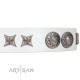 "Seventh Heavens" FDT Artisan White Leather Dog Collar with Chrome-plated Stars and Engraved Brooches