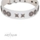 "Seventh Heavens" FDT Artisan White Leather Dog Collar with Chrome-plated Stars and Engraved Brooches