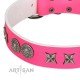 "Striking Fashion" Handmade FDT Artisan Designer Pink Leather Dog Collar with Shields and Stars
