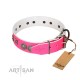 "Striking Fashion" Handmade FDT Artisan Designer Pink Leather Dog Collar with Shields and Stars