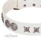 "Galaxy Hunter" FDT Artisan White Leather Dog Collar with Engraved Brooches and Stars